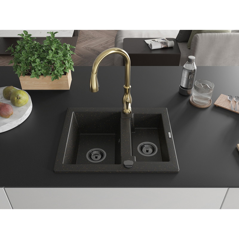 Mexen Carlos 1.5-bowl granite sink with kitchen faucet Savita, black/gold metallic - 6518-75-672601-50-B