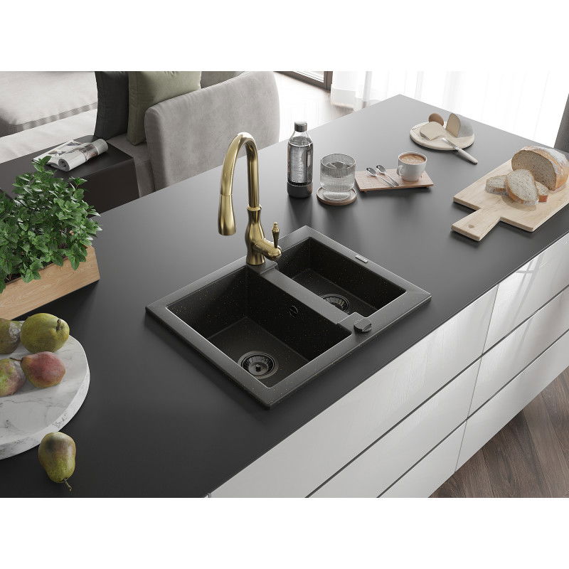 Mexen Carlos 1.5-bowl granite sink with Savita kitchen tap, black/golden metallic - 6518-75-672601-50-B