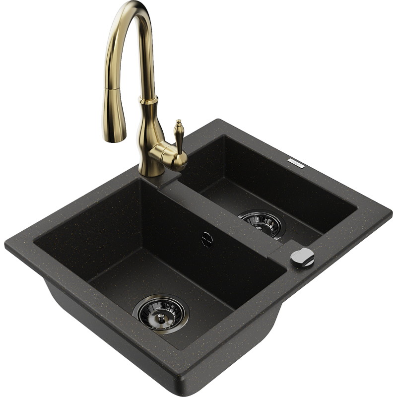 Mexen Carlos 1.5-bowl granite sink with Savita kitchen faucet, black/gold metallic - 6518-75-672601-50-B