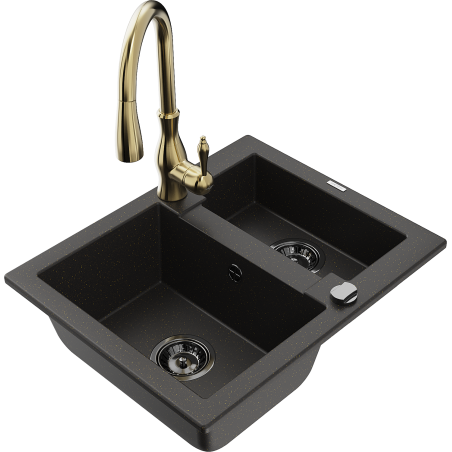 Mexen Carlos 1.5-bowl granite sink with Savita kitchen faucet, black/gold metallic - 6518-75-672601-50-B