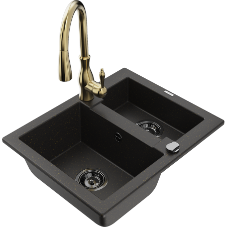 Mexen Carlos 1,5-compartment granite sink with a kitchen mixer tap Savita, Black/Gold metallic - 6518-75-672601-50-B