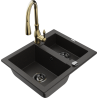 Mexen Carlos 1.5-bowl granite sink with kitchen faucet Savita, black/gold metallic - 6518-75-672601-50-B