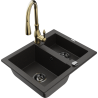 Mexen Carlos 1.5-bowl granite sink with Savita kitchen faucet, black/gold metallic - 6518-75-672601-50-B