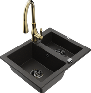 Mexen Carlos 1.5-bowl granite sink with Savita kitchen faucet, black/gold metallic - 6518-75-672601-50-B