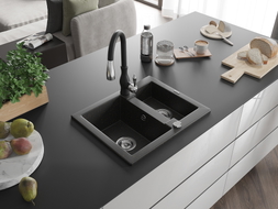 Mexen Carlos granite kitchen sink 1.5-chamber with Savita kitchen faucet, black/golden metallic - 6518-75-672601-70