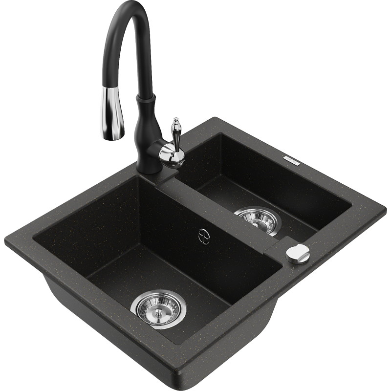 Mexen Carlos granite sink 1.5-bowl with Savita kitchen faucet, black/gold metallic - 6518-75-672601-70