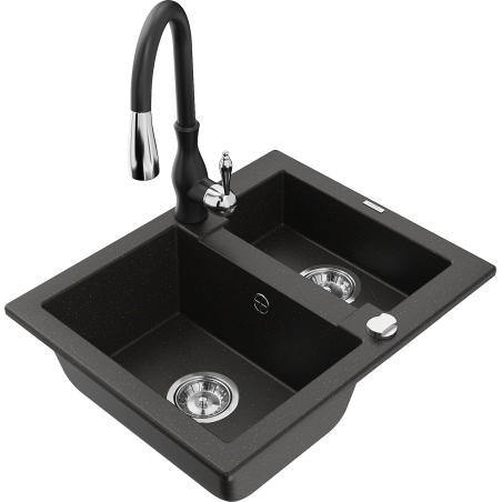 Mexen Carlos granite kitchen sink 1.5-chamber with Savita kitchen faucet, black/golden metallic - 6518-75-672601-70