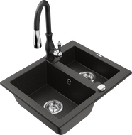Mexen Carlos granite kitchen sink 1.5-chamber with Savita kitchen faucet, black/golden metallic - 6518-75-672601-70