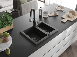 Mexen Carlos granite sink 1.5-bowl with Savita kitchen faucet, black/gold metallic - 6518-75-672601-70-B