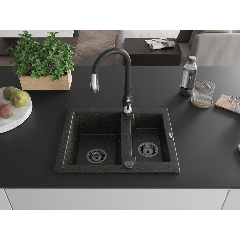 Mexen Carlos granite kitchen sink 1.5-bowl with Savita kitchen tap, black/gold metallic - 6518-75-672601-70-B