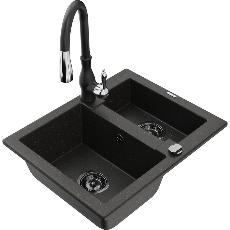 Mexen Carlos 1.5-bowl granite sink with Savita kitchen faucet, black/gold metallic - 6518-75-672601-70-B
