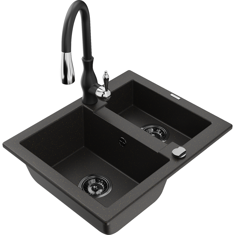 Mexen Carlos 1,5-compartment granite sink with a kitchen mixer tap Savita, Black/Gold metallic - 6518-75-672601-70-B