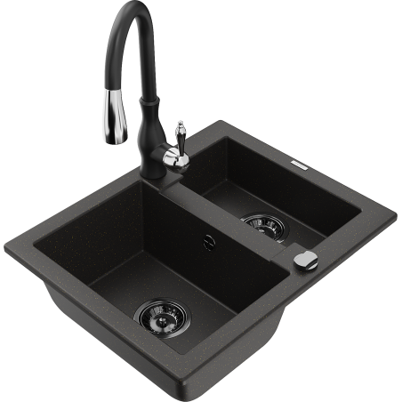 Mexen Carlos granite kitchen sink 1.5-bowl with Savita kitchen tap, black/gold metallic - 6518-75-672601-70-B