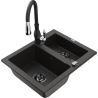 Mexen Carlos granite sink 1.5-bowl with Savita kitchen faucet, black/gold metallic - 6518-75-672601-70-B