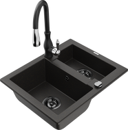 Mexen Carlos granite kitchen sink 1.5-bowl with Savita kitchen tap, black/gold metallic - 6518-75-672601-70-B
