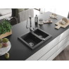 Mexen Carlos granite sink 1.5-bowl with Savita kitchen faucet, speckled black - 6518-76-672601-00