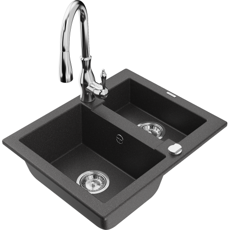 Mexen Carlos granite kitchen sink 1.5-bowl with Savita kitchen faucet, black speckled - 6518-76-672601-00