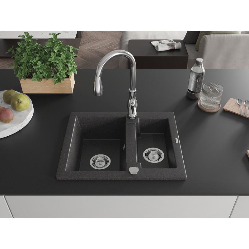 Mexen Carlos granite kitchen sink 1.5-bowl with Savita kitchen faucet, black speckled - 6518-76-672601-00