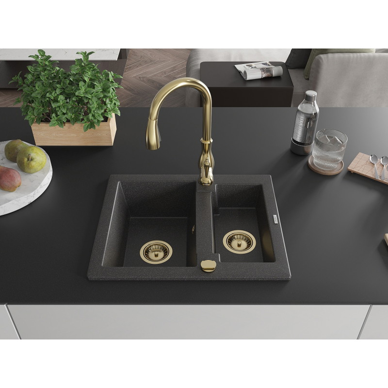 Mexen Carlos granite sink 1.5-bowl with Savita kitchen faucet, black speckled - 6518-76-672601-50