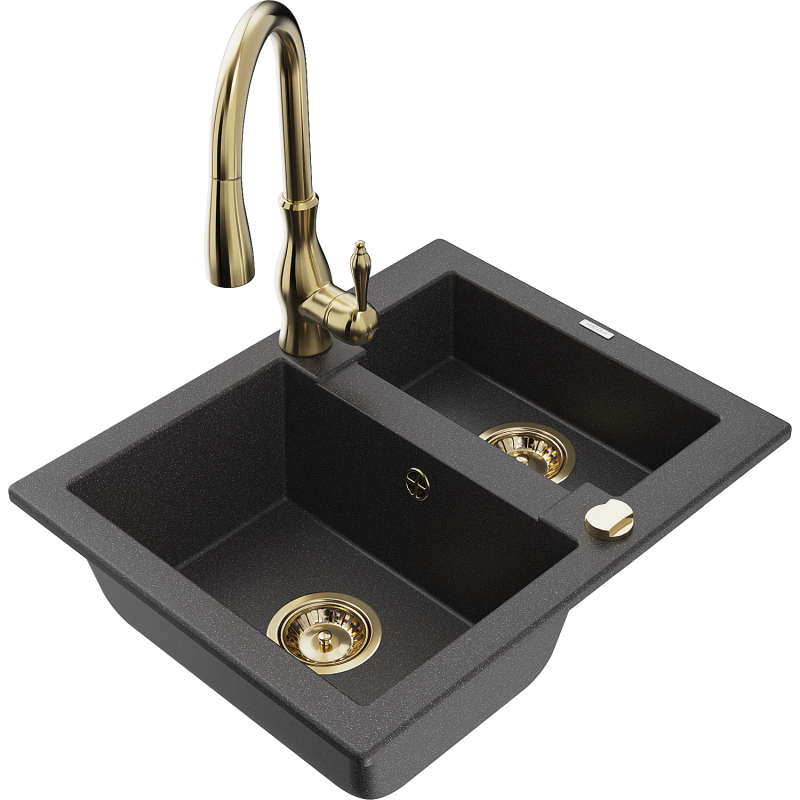 Mexen Carlos 1.5-bowl granite sink with Savita kitchen tap, black speckled - 6518-76-672601-50