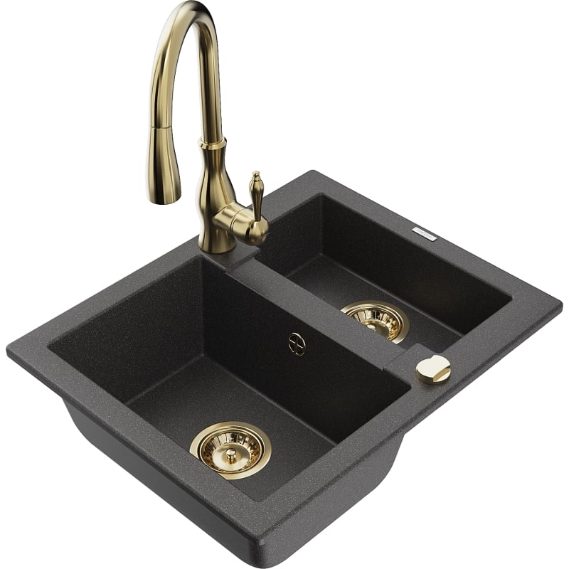 Mexen Carlos granite kitchen sink 1.5-bowl with Savita faucet, speckled black - 6518-76-672601-50