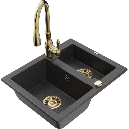 Mexen Carlos 1.5-bowl granite sink with Savita kitchen tap, black speckled - 6518-76-672601-50