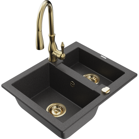 Mexen Carlos granite kitchen sink 1.5-bowl with Savita faucet, speckled black - 6518-76-672601-50