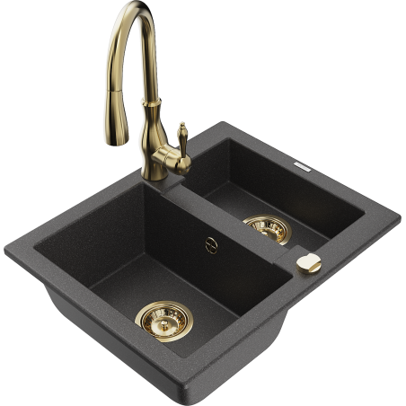 Mexen Carlos granite sink 1.5-bowl with Savita kitchen faucet, black speckled - 6518-76-672601-50