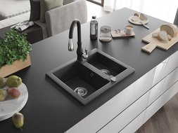 Mexen Carlos granite sink 1.5-bowl with Savita kitchen tap, black speckled - 6518-76-672601-70