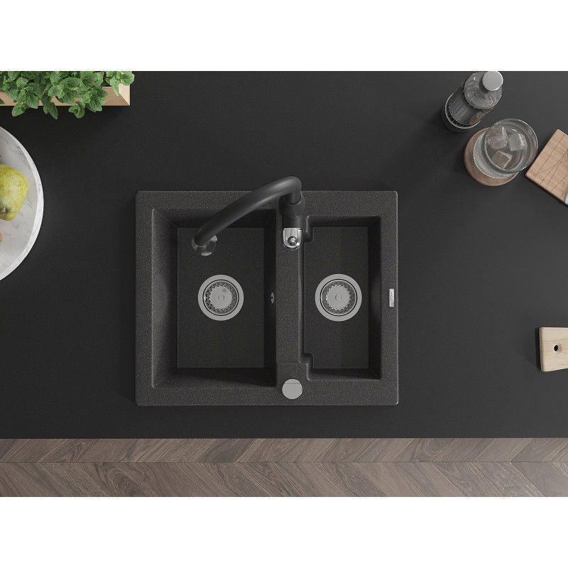 Mexen Carlos granite sink 1.5-bowl with Savita kitchen tap, black speckled - 6518-76-672601-70
