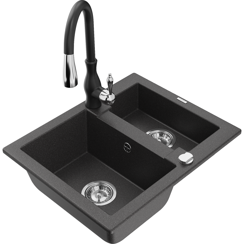 Mexen Carlos 1,5-compartment granite sink with a kitchen mixer tap Savita, spotted black - 6518-76-672601-70
