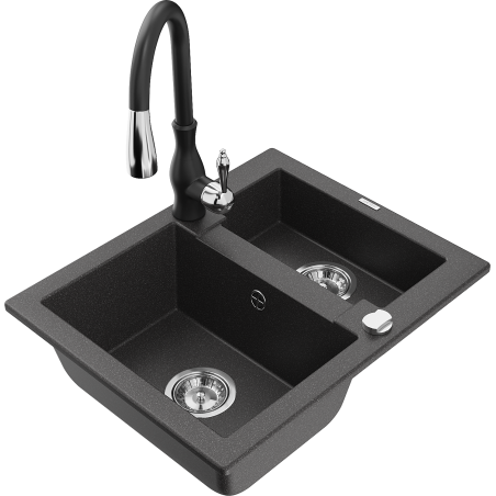Mexen Carlos 1,5-compartment granite sink with a kitchen mixer tap Savita, spotted black - 6518-76-672601-70