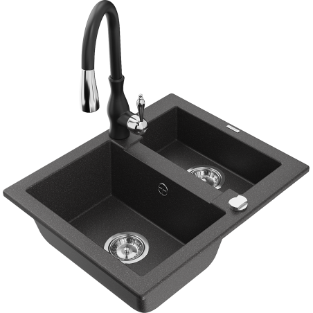 Mexen Carlos granite sink 1.5-bowl with Savita kitchen faucet, speckled black - 6518-76-672601-70