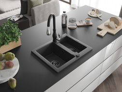 Mexen Carlos granite sink 1.5-bowl with Savita kitchen faucet, black speckled - 6518-76-672601-70-B