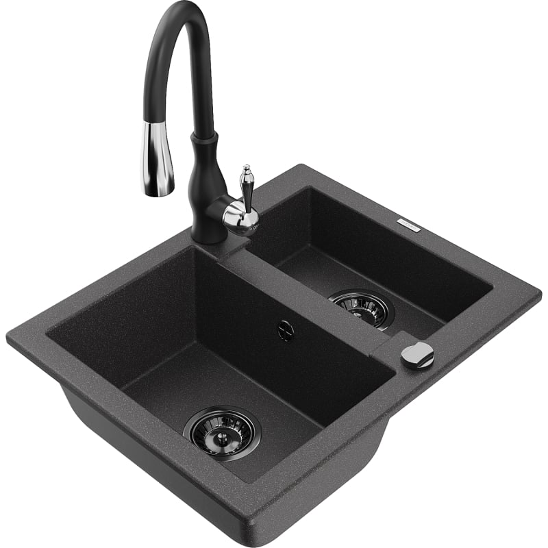 Mexen Carlos 1.5-bowl granite sink with Savita kitchen faucet, black speckled - 6518-76-672601-70-B