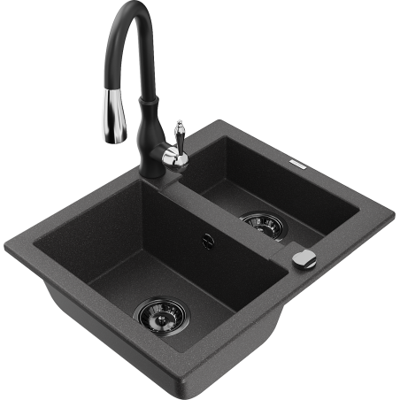 Mexen Carlos 1.5-bowl granite sink with Savita kitchen faucet, black speckled - 6518-76-672601-70-B