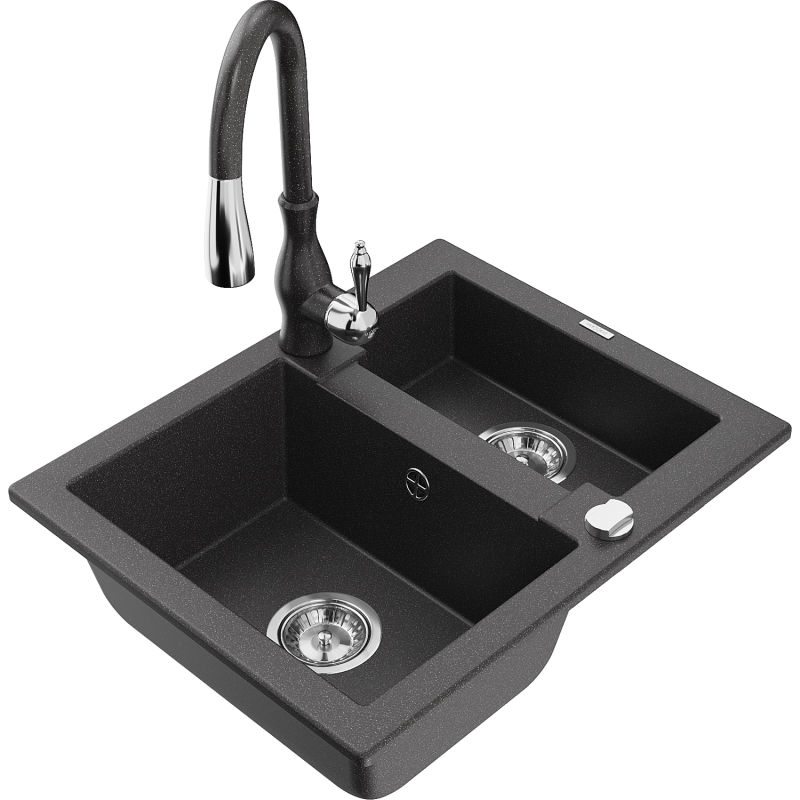 Mexen Carlos 1,5-compartment granite sink with a kitchen mixer tap Savita, spotted black - 6518-76-672601-76