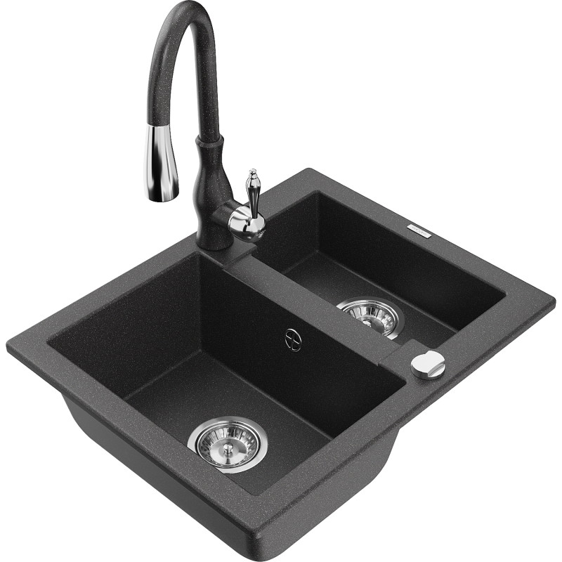 Mexen Carlos granite sink 1.5-bowl with Savita kitchen faucet, black speckled - 6518-76-672601-76