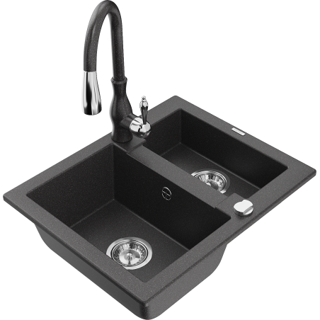 Mexen Carlos granite sink 1.5-bowl with Savita kitchen faucet, black speckled - 6518-76-672601-76