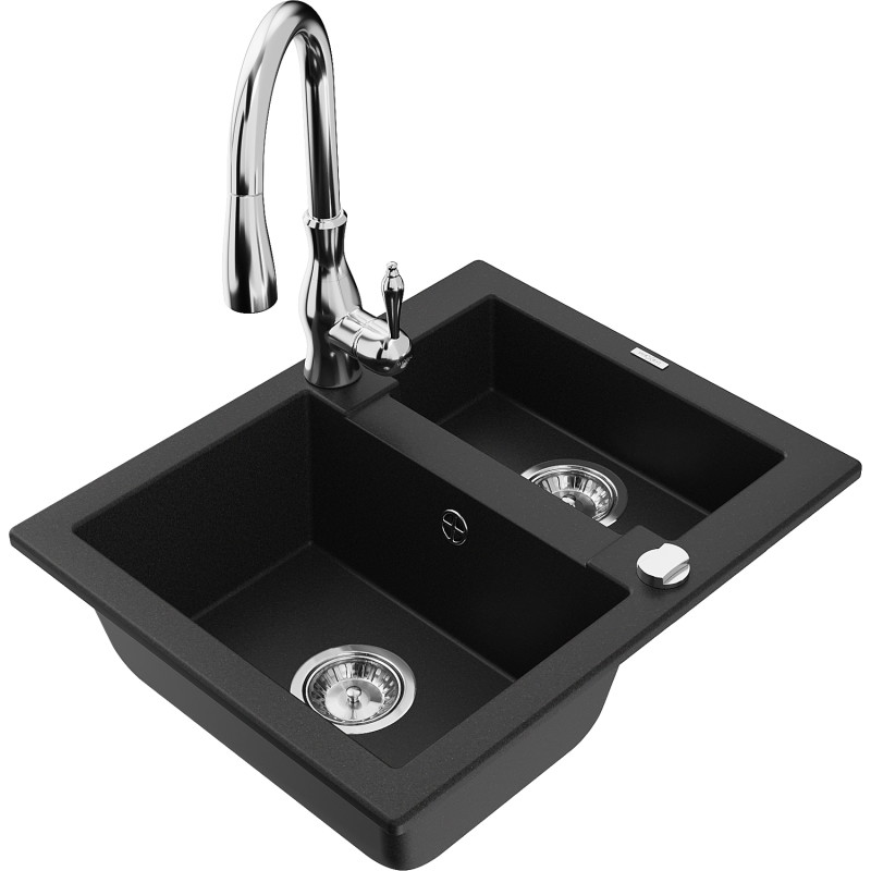 Mexen Carlos granite sink 1.5-bowl with Savita kitchen faucet, black - 6518-77-672601-00