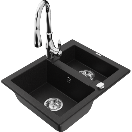Mexen Carlos 1.5-bowl granite sink with Savita kitchen faucet, black - 6518-77-672601-00