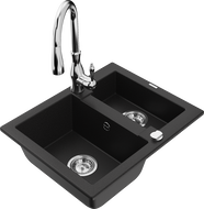Mexen Carlos 1,5-compartment granite sink with a kitchen mixer tap Savita, Black - 6518-77-672601-00