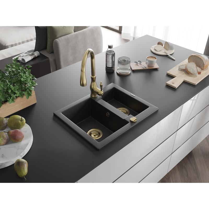 Mexen Carlos 1.5-bowl granite sink with Savita kitchen faucet, black - 6518-77-672601-50