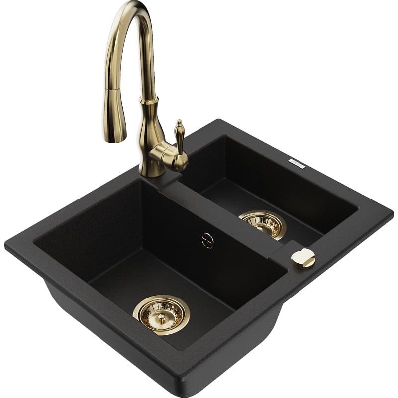 Mexen Carlos granite kitchen sink 1.5-bowl with Savita kitchen faucet, black - 6518-77-672601-50
