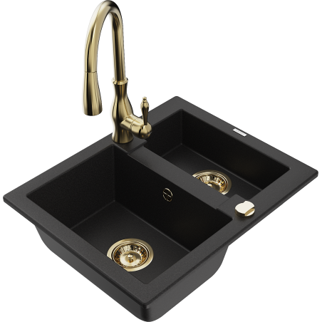 Mexen Carlos granite kitchen sink 1.5-bowl with Savita kitchen faucet, black - 6518-77-672601-50