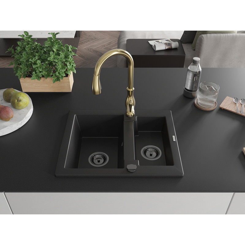 Mexen Carlos granite sink 1.5-bowl with Savita kitchen faucet, black - 6518-77-672601-50-B