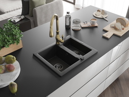 Mexen Carlos 1,5-compartment granite sink with a kitchen mixer tap Savita, Black - 6518-77-672601-50-B