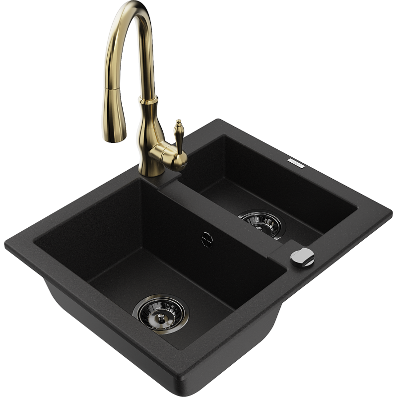 Mexen Carlos granite kitchen sink 1.5-bowl with Savita kitchen tap, black - 6518-77-672601-50-B