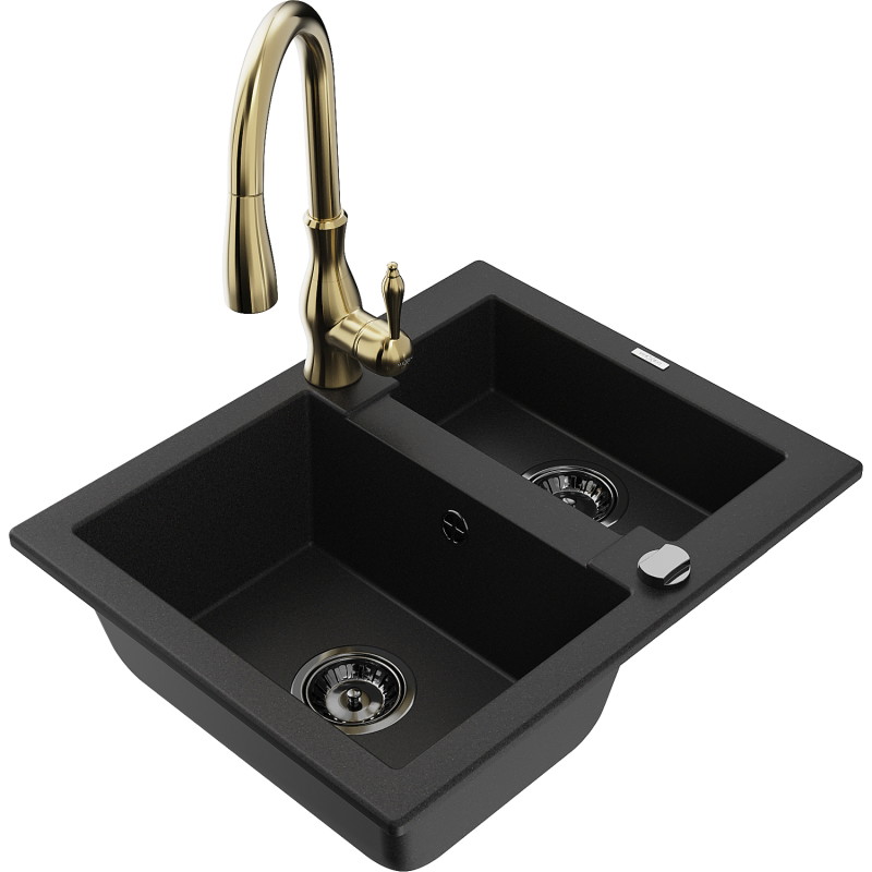 Mexen Carlos granite sink 1.5-bowl with Savita kitchen faucet, black - 6518-77-672601-50-B