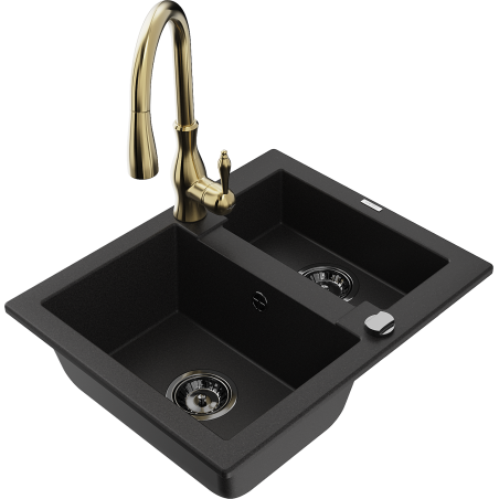 Mexen Carlos granite kitchen sink 1.5-bowl with Savita kitchen tap, black - 6518-77-672601-50-B
